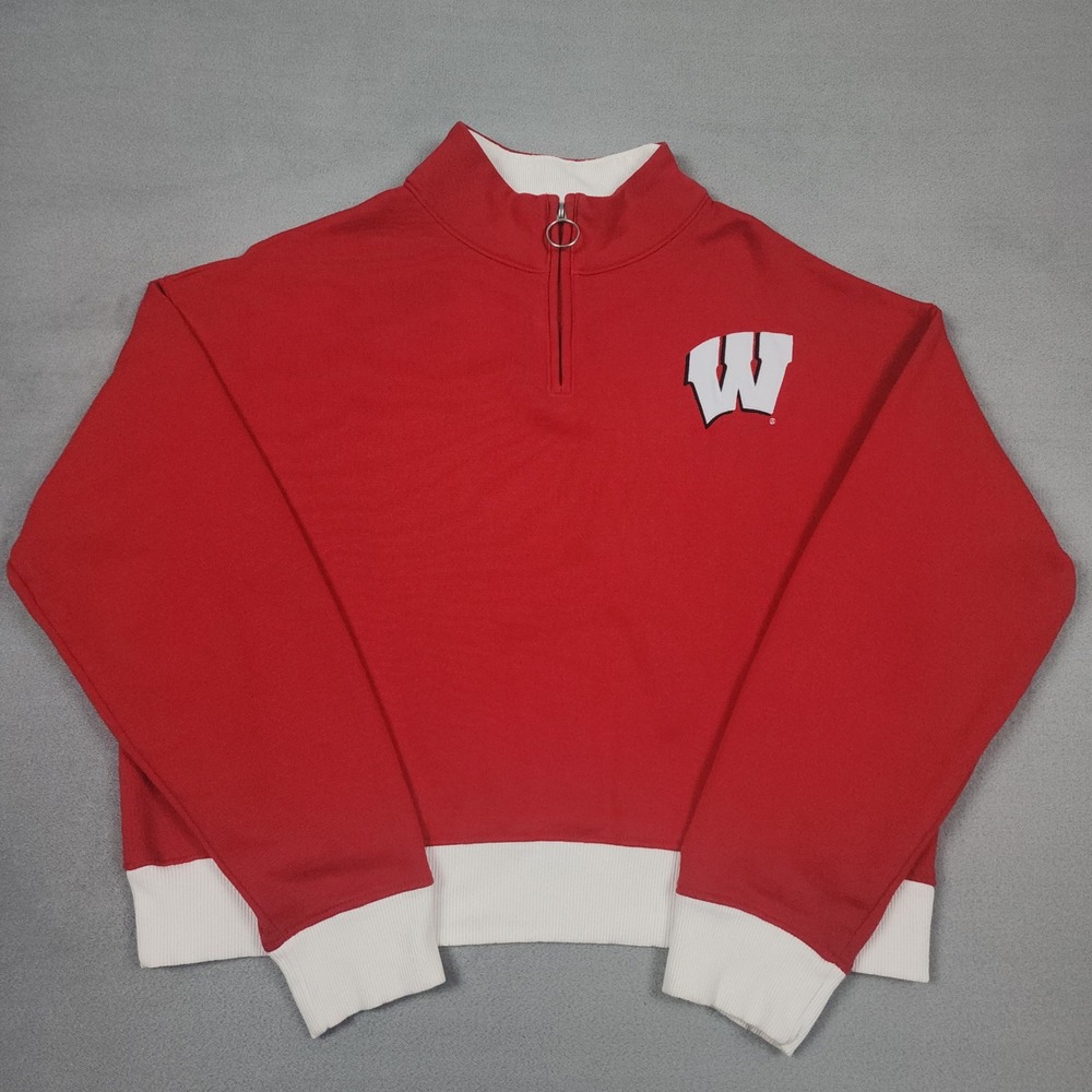 Wisconsin Badgers Sweatshirt Womens L Red Champion Superfan Crop Quarter Zip
